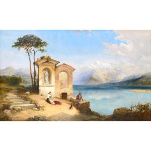 François-antoine Bossuet 1798-1889 Landscape Of The Lakes Of Northern Italy, Large Painting, Circa 1850