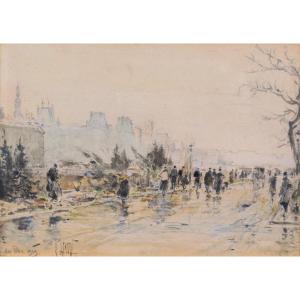 René Leverd 1872-1938 Paris, The Town Hall From The Quays, Drawing, 1919 Painting Landscape Seine