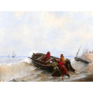 Georges Haquette 1852-1906 The Departure Of The Fishermen, Painting, Late 19th Century, Sea, Marine, Boat, Normandy