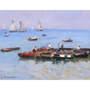 Louis Timmermans 1846-1910 Brittany, Boats And Fishermen, Painting, Circa 1900, Seascape