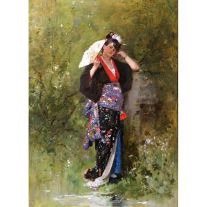 Philippe Jacques Linder 1835-1914 Japanese Woman, Flower Garden Painting Japan Japonism