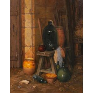 Gaston Schnegg 1866-1953 Still Life With Pots At The Farm, Painting Circa 1920 Bordeaux