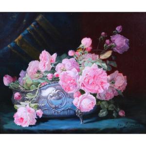 Joseph De Ruysscher 1840-1905 Still Life With Roses, Painting, Circa 1880, Bouquet Of Flowers
