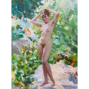 Lucien Grandgérard 1880-1970 Nude Oman In The Garden, Painting 1940, Post-impressionist Academy