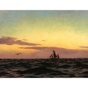 Alexandre Brun 1853-1941 Seascape, Sunset, Painting, Circa 1900, Boat