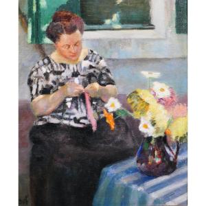Marcel Dyf 1899-1985 Woman Sewing With A Vase Of Flowers, Painting, Circa 1930-40 Still Life
