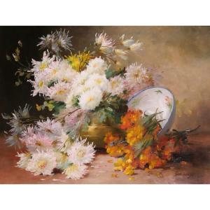 Emile Godchaux 1860-1938 Bouquet Of Flowers, Large Painting Circa 1900, Still Life Garden
