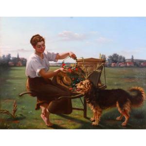 Louis Tournier 1830-1911 Young Woman With Dog And Flowers, Painting 1885 Gers