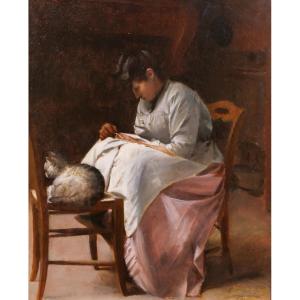 Désiré Laugée 1823-1896 Woman Sewing With A Cat, Peasant Interior, Barbizon Painting