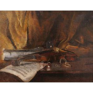 Emile Boulard 1863 -1943 Still Life With Violin, Painting Circa 1900 Music