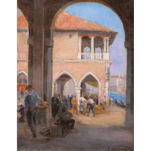 Charles Hirlemann, Venice, Painting 1930 Fish Market Landscape Italy