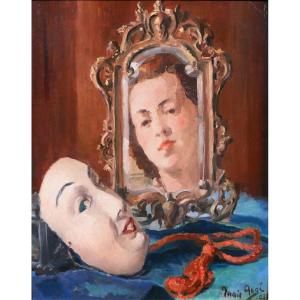 Annie Augé 20th Portrait Of A Woman With Mirror And Mask, Painting 1939 Art Deco