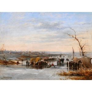 Louis Schepens 1816-1884 Netherlands, Skating Scene In Winter, Painting Circa 1850-60 Landscape