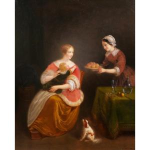 Jean-auguste Teste 1807-1886 Interior Scene With Dog And Still Life, Painting, 1854