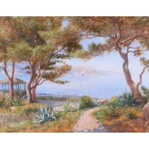 Henri-v. Delavelle 1868-1919 Saint-jean-cap-ferrat, The Garden, Painting Ca. 1900 Eze Beaulieu