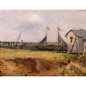 Charles Pecrus 1826-1907 Trouville, Boats On The Touques, Impressionist Painting Normandy