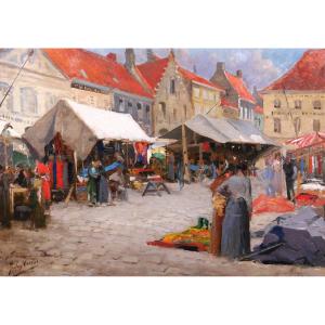 Jules Cran 1876 -1926 Market Day In Nieuport, Belgium, Painting, 1906 Impressionism