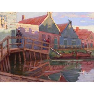 Jules Benoit-levy 1866-1952 Netherlands, Landscape With Colorful Houses, Volendam ? Painting 1901