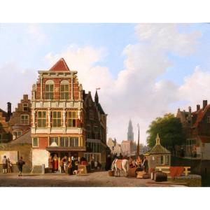 Johannes Rutten 1809-1884 Amsterdam, Lively Landscape With Westerkerk, Painting, Ca. 1840-50