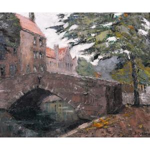 Stéphane-georges Debaene 1902-1946 Bruges, Landscape, Painting Circa 1930-40 Belgium Art Deco