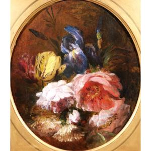 Philippe Rousseau 1816-1887 Spring Flowers Painting, Circa 1860-70 Still Life Roses Iris