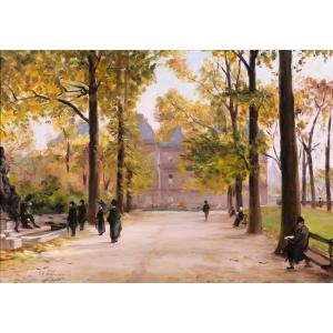 Henri Loubat 1855-1926 Paris, The Luxembourg Garden, Painting, 1911 Landscape Impressionism
