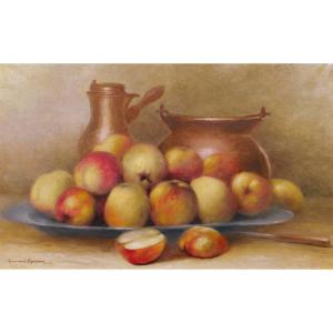 Armand Bouxin 1880-1972 Still Life With Apples, Painting, Circa 1940-50 Reims Fruits