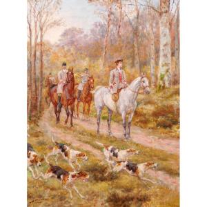 Paul Tavernier 1852 -1943 Hunt With Hounds, Painting Circa 1900 Dog Horse Fontainebleau