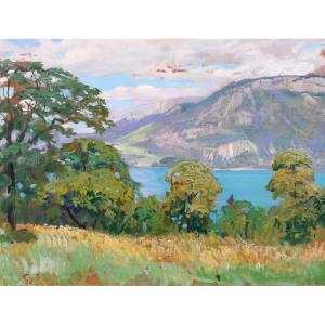 Lucien Jonas 1880-1947 Annecy, Landscape With Lake, Painting, Circa 1930-40 Alpes Savoie Montagne