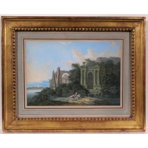 18th Century French School, Italian Landscape With Ruins, Drawing, Neoclassical Gouache