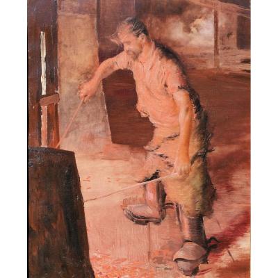 Lucien Jonas (attributed To), 1880-1947, Worker In A Blast Furnace, Painting, Circa 1900