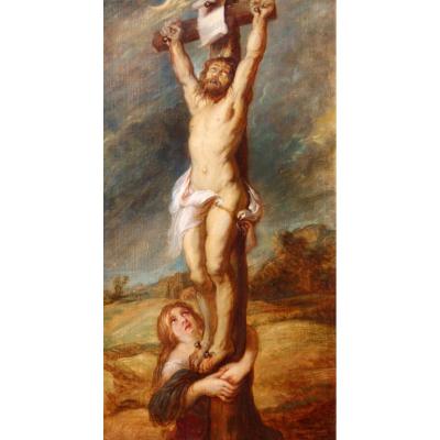 French School Circa 1850, Christ On The Cross With Mary Magdalene, Painting