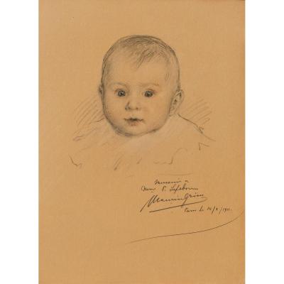 Maurice Grun 1869-1947, Portrait Of A Baby, Drawing, Black And Red Chalk, 1911
