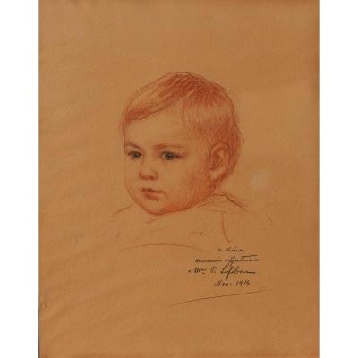 Maurice Grun 1869-1947, Portrait Of A Child, Drawing, Black And Red Chalk, 1916