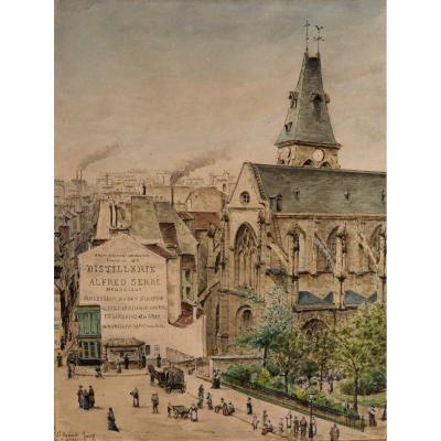 A. Nigg, Paris, The Church Of Saint-médard, The Place And The Square, Drawing, 1877