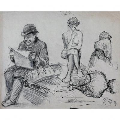 Paul Renouard (1845-1924) Reading Man, Naked Woman And Women From Behind, Drawing, Circa 1890-95