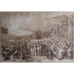 Joseph Navlet (1821-1889) Military Triumphal Scene With Erupting Volcano, Drawing