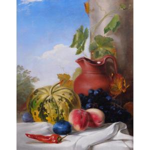 French School Circa 1840, Still Life With Jug And Fruits, Painting