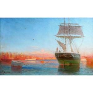 François Gautier (1842-1917) Boats In The Port, Painting, Circa 1890