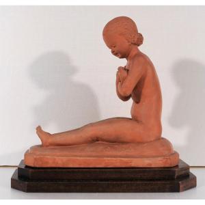 René Meynial (1897-1996) Young Girl Seated With A Bird, Sculpture, Terracotta, Circa 1930