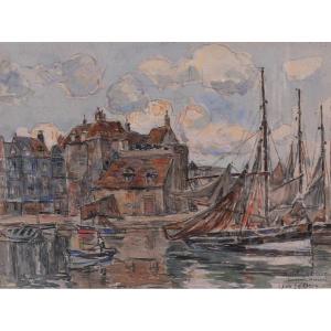 Léon Leclerc 1866-1930 Honfleur, View Of The Port And The Lieutenancy, Watercolor
