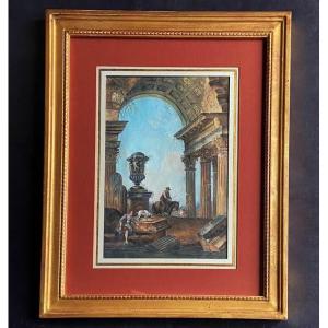 French School, Early 19th Century, By H. Robert (1733-1808), Pair Of Animated Architectural Landscapes, Gouache