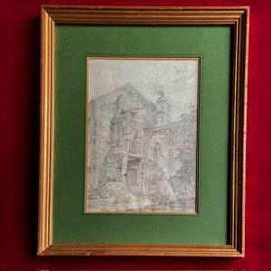 18th Century French School With Farm, Architecture, Figures And Rabbits, Pencil, Gilded Frame