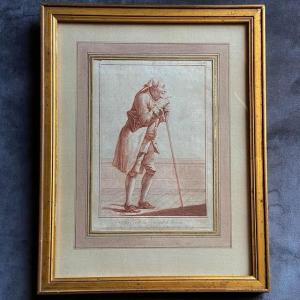 From Jf De Goez, Brichet (active 1783), 18th Century Engraving, Red Chalk, Old Man, Cane, Frame