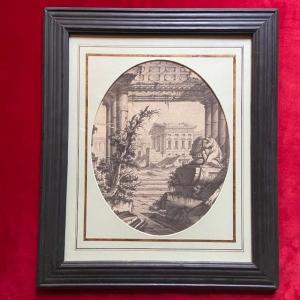 Italian School Of 18th Century By Pannini, Architectural Capriccio, Landscape, Antique, Wash Drawing, Oval View