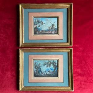 French School Of The 18th Century By Louis G. Moreau (1740-1806), Pair Of Gouaches, Animated Landscapes