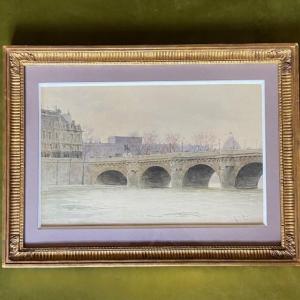 Maurice Leloir (1853-1940), Paris, The Pont Neuf, Signed And Dedicated Watercolor, Well Framed