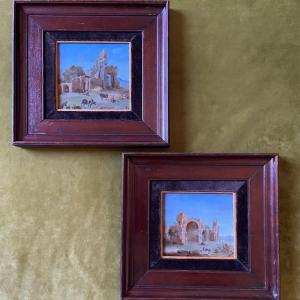 Pair Of Oils On Copper, 18th Century School, Dated Animated Landscapes, Monogrammed Bd, Mahogany Frame