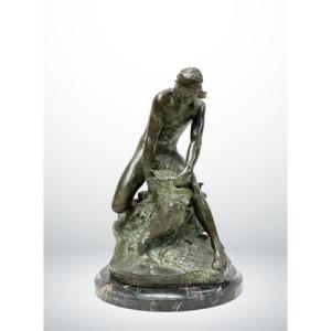 Raoul Larche, Bronze Tobie Retirant Le Poisson De L’eau, Art Nouveau