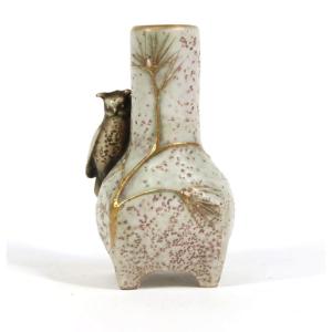 Ernst Wahliss Turn Vienna – Owl Vase With Appliqué And Plant Decoration, Late 19th Century